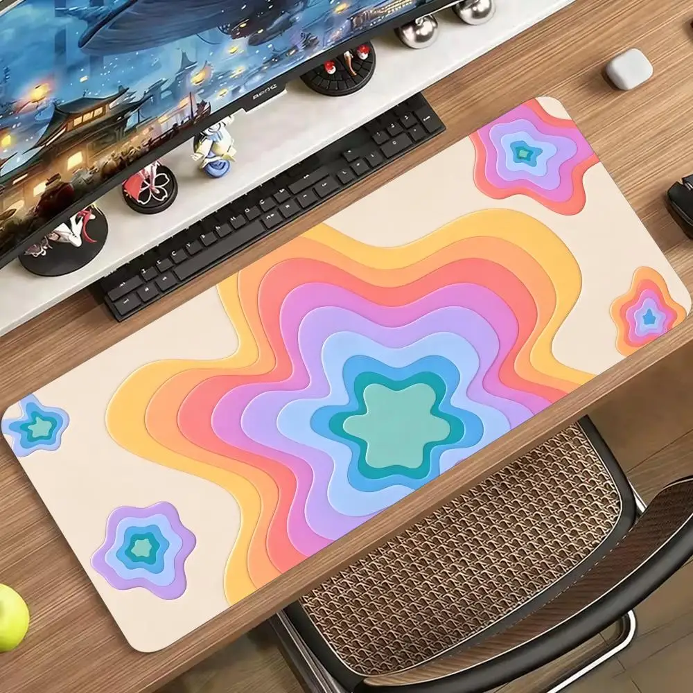 Cute Aesthetic Gradient Wavy Floral Large Gaming MousePad Non Slip Rubber Desk Mat For Laptop Keyboard Home Office Work Tabletop