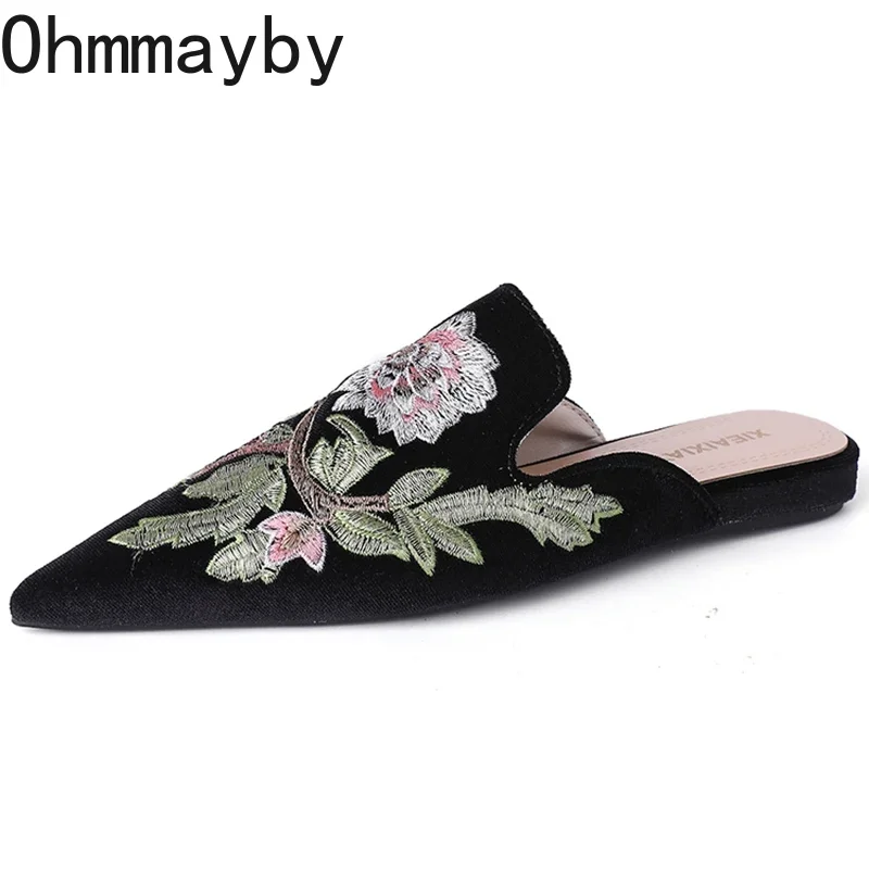 2024 Summers Embroidery Women Mules Slippers Luxury Fashion Elegant Pointed Toe Slides Shoes Ladies Dress Flats Sandalias