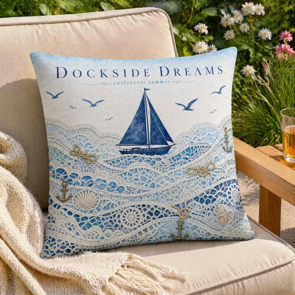 Soft Filled 2D Printed Nautical Wave Sailboat Decorative Throw Pillow Square Stuffed Cushion for Living Room Sofa Bedroom Decor
