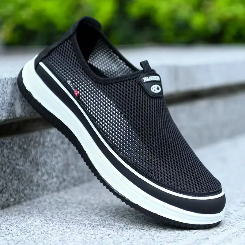 

Men's Summer New Mesh Hollow Out Casual Sports Shoes Soft Sole Non Slip Round Toe Slip On Light Breathable Elderly Walking Shoes