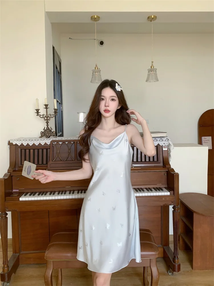DAIMELU Ice Snow Silk Pajamas Women's Summer sleepwear girl nightdress Light Blue sexy Hot Silver nightgown female Neck Pajamas