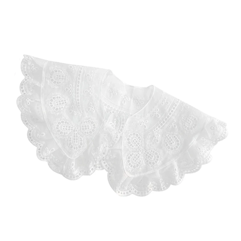 Elegant Ruffle Lace Detachable Shawl False Collar Hollow Out Embroidery Flower Decorative Capelet for Collarless Dresses