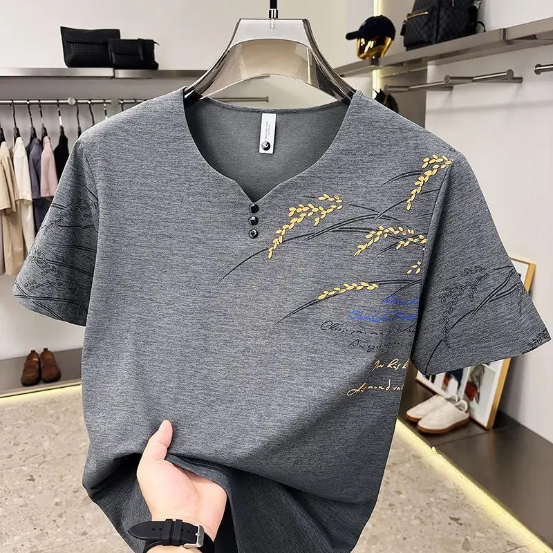 Men's V Neck Short Sleeve T Shirt with Wheat Print Casual Summer Tee Breathable Cotton Blend Top for Daily Wear