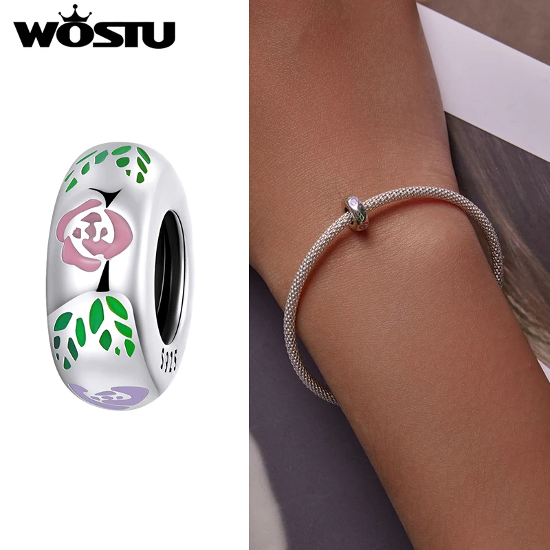 

WOSTU Real 925 Sterling Silver Flower Doodle Charm Silver Silicone Spacer Bead Pendant for Bracelets Necklaces Mother's Gifts