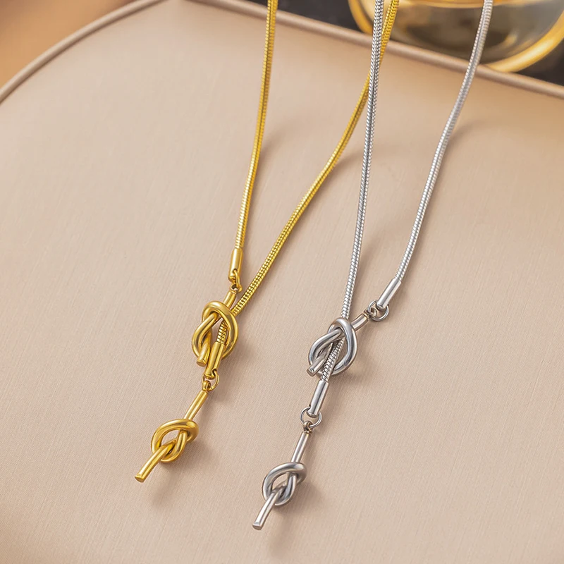 ANENJERY 316L Stainless Steel Knot Lucky Beads Imitation Pearl Necklace for Women Long chain Temperament Jewelry Gifts Wholesale