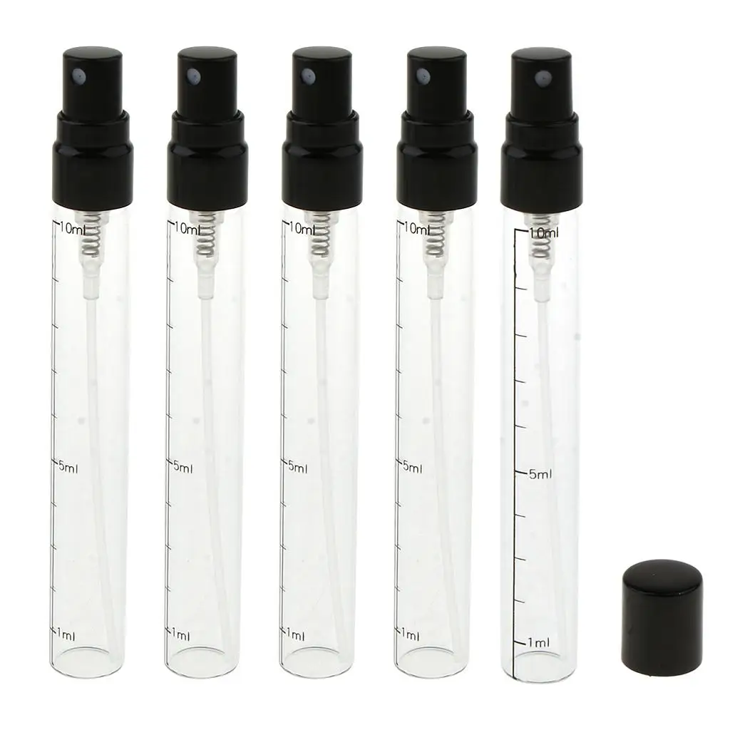 Set mit 5 Stück 10 ml Mini tragbarer nachfüllbarer Parfümduft-Aftershave-Sprühgerät, leere Sprühflaschen für Reisen, Geldbörse mit Skala