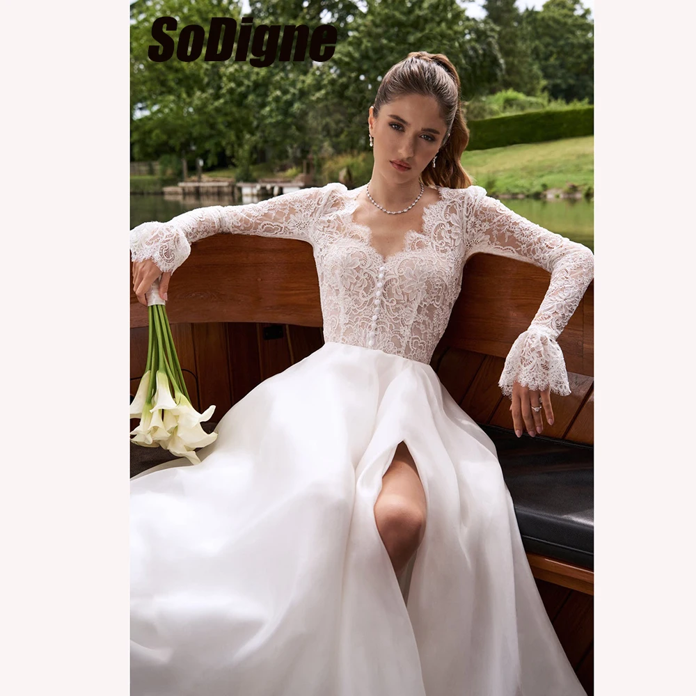

SoDigne A-line Satin/Lace Wedding Dresses Full Sleeves V-neck Bride Dress Boho Long Wedding Gown vestidos de novia Customized