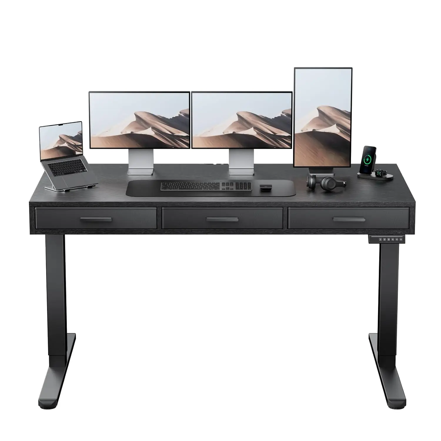 Electric Standing Desk Fabric Drawers C-Clamp Mount 55x28 Inch Height Adjustable 4 Memory Settings Home Office Black Customized