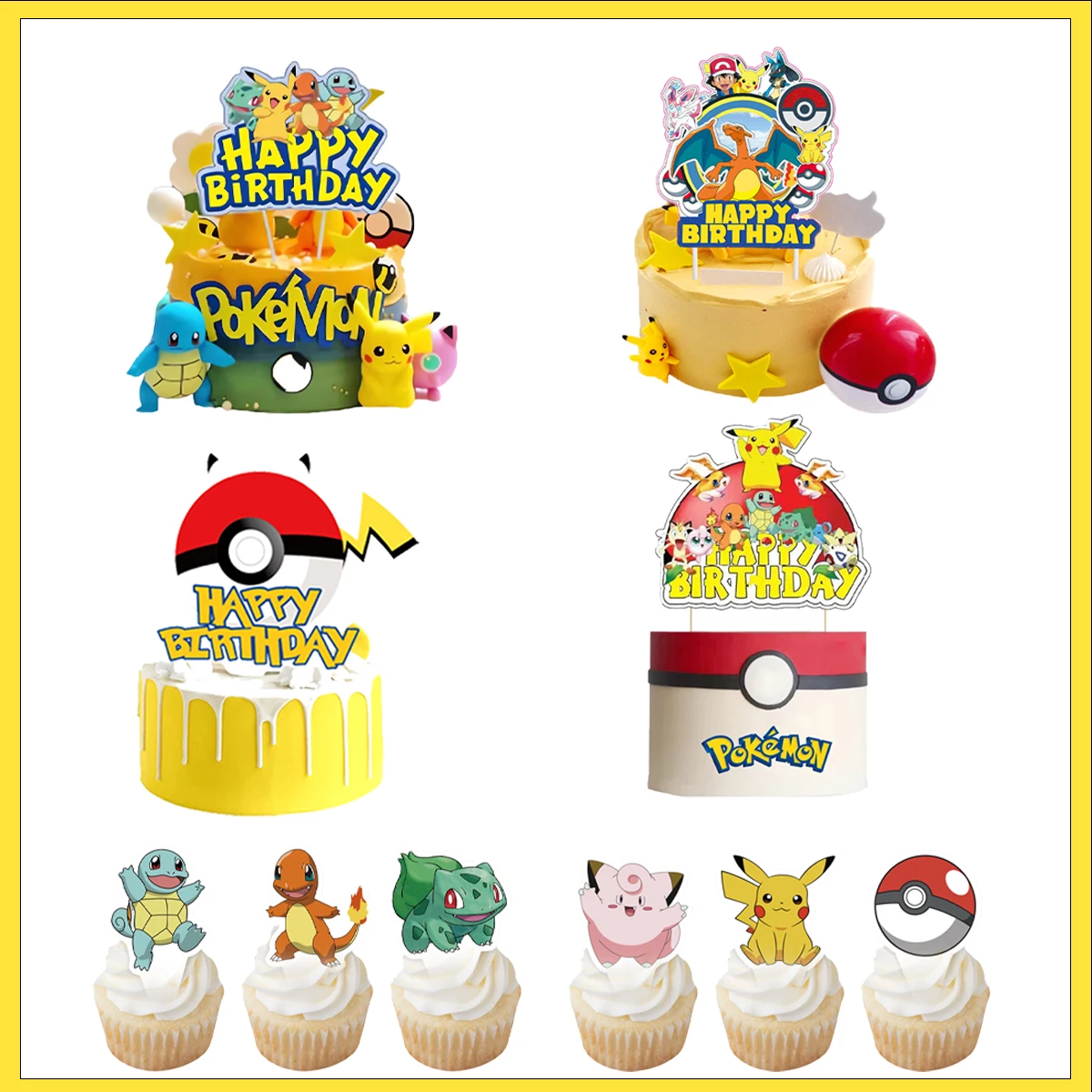 Pokemon Happy Birthday Banner Cake Topper Party Decoration Pikachu Cake Decor Flag Baby Shower Baking DIY Supplies Kids Favors