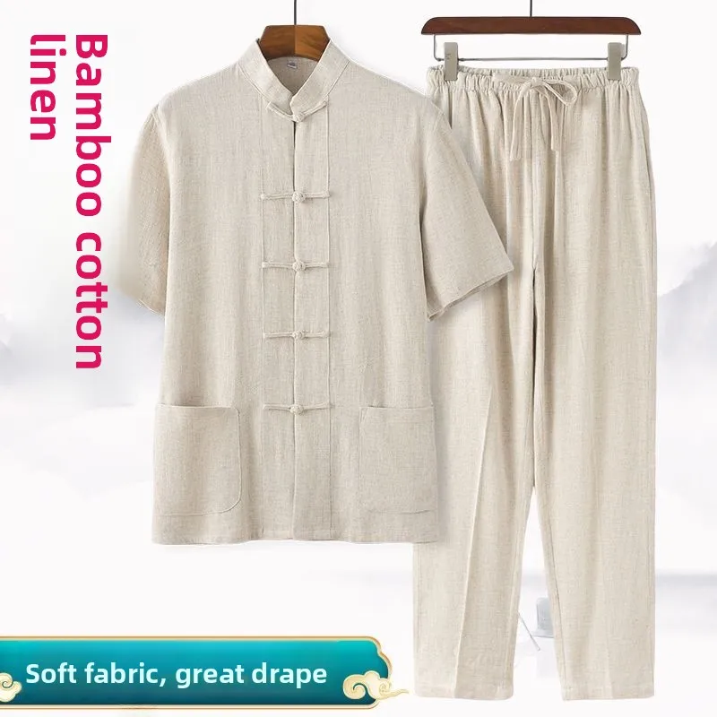 

Summer Men's ort Sve Cotton Linen Tai Chi Suit Thin Traditional Chinese Hanfu Sle Casual Sportswear Resin Coated Wire