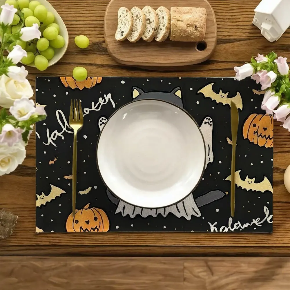 4pcs Spooky Japanese Anime-Inspired Cat Totoro-like Placemats Set Cute Kawaii Kitchen Table Decor with Bats, Pumpkins