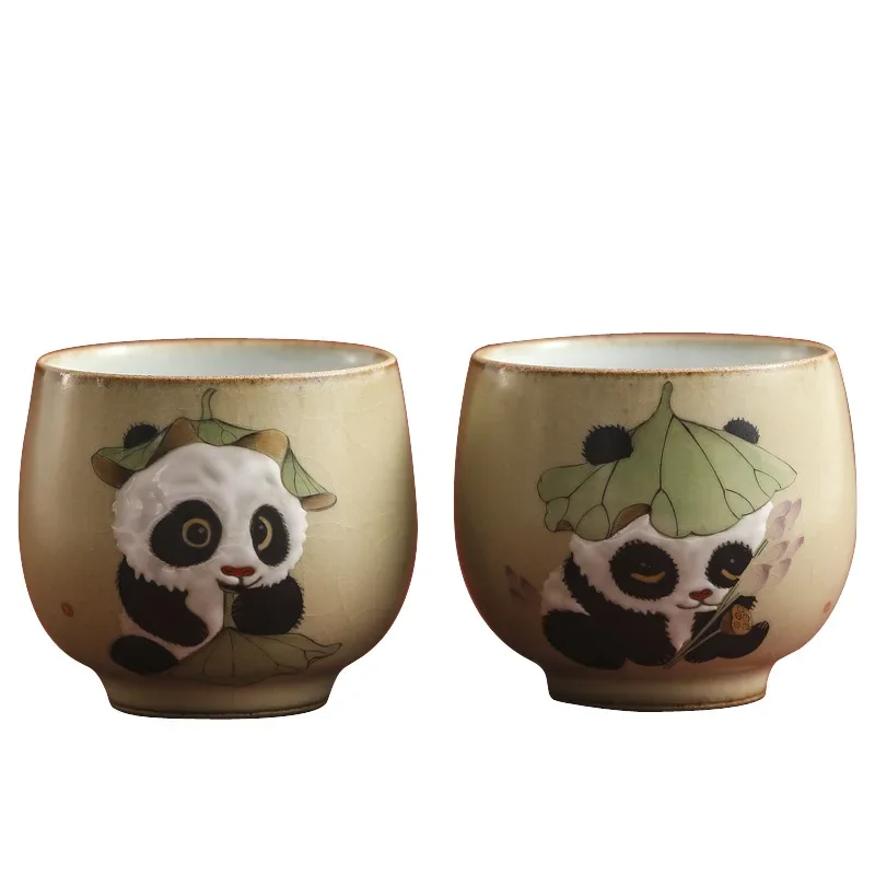 

Ceramic Ru kiln open piece hand-painted tea cup cute panda tea set handmade tea cup master cup utensils Chinese style