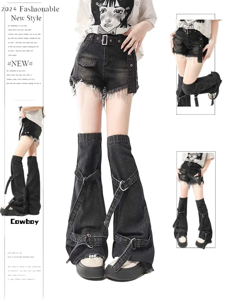 Women Black Gothic Denim Shorts Streetwear Shorts Jeans with Leg Cover Y2k Korean Mini Jean Shorts Harajuku 2000s Clothes Summer