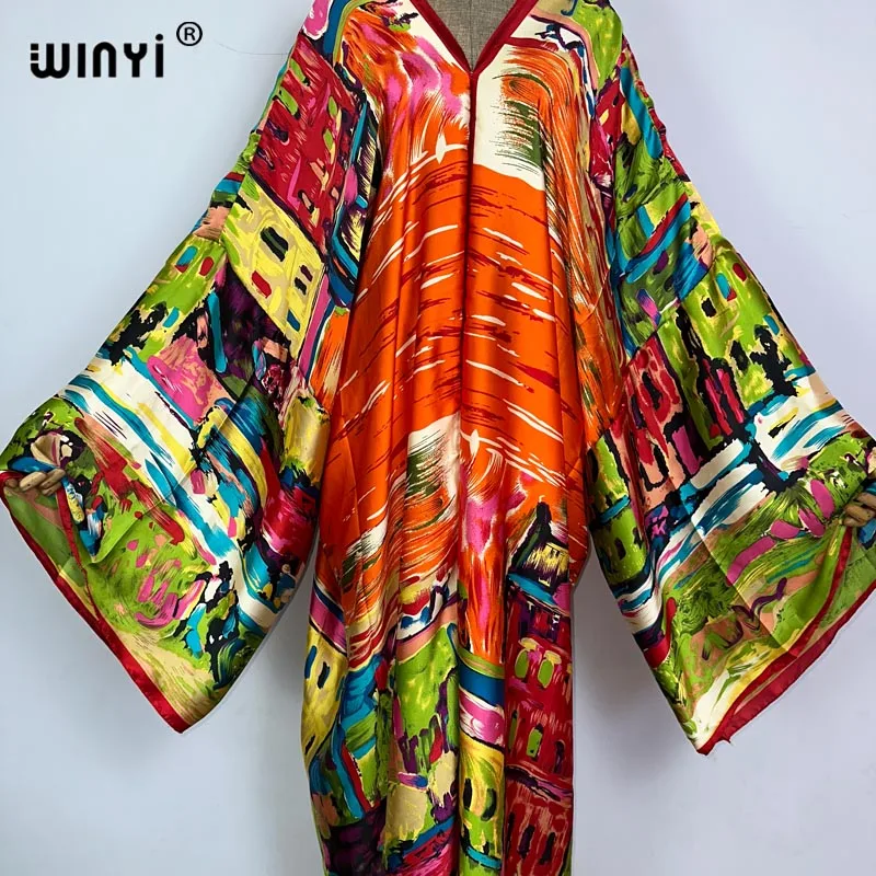 WINYI new V-neck Africa Fashion Women Sexy Boho Casual silk Floral Vintage printing Evening Party Beach cover up Long Maxi Dress