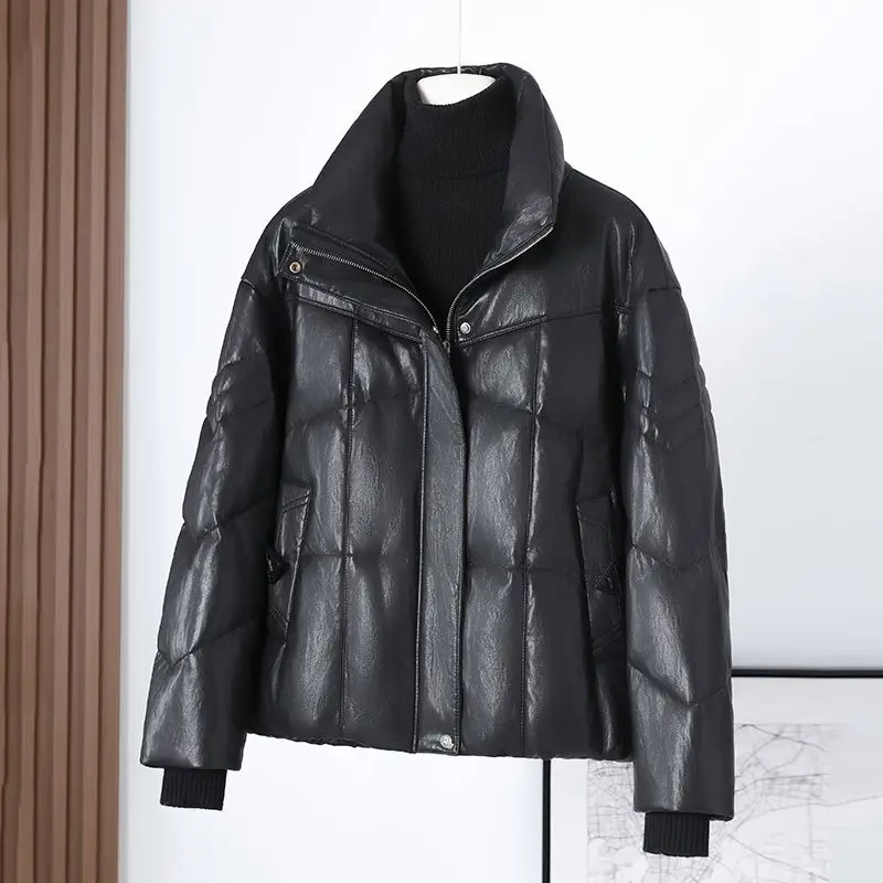 Women's Fashion Leather Down Jacket Winter New Loose Laple Collar Zipper Casual Versatile Solid Color Short Style Coat