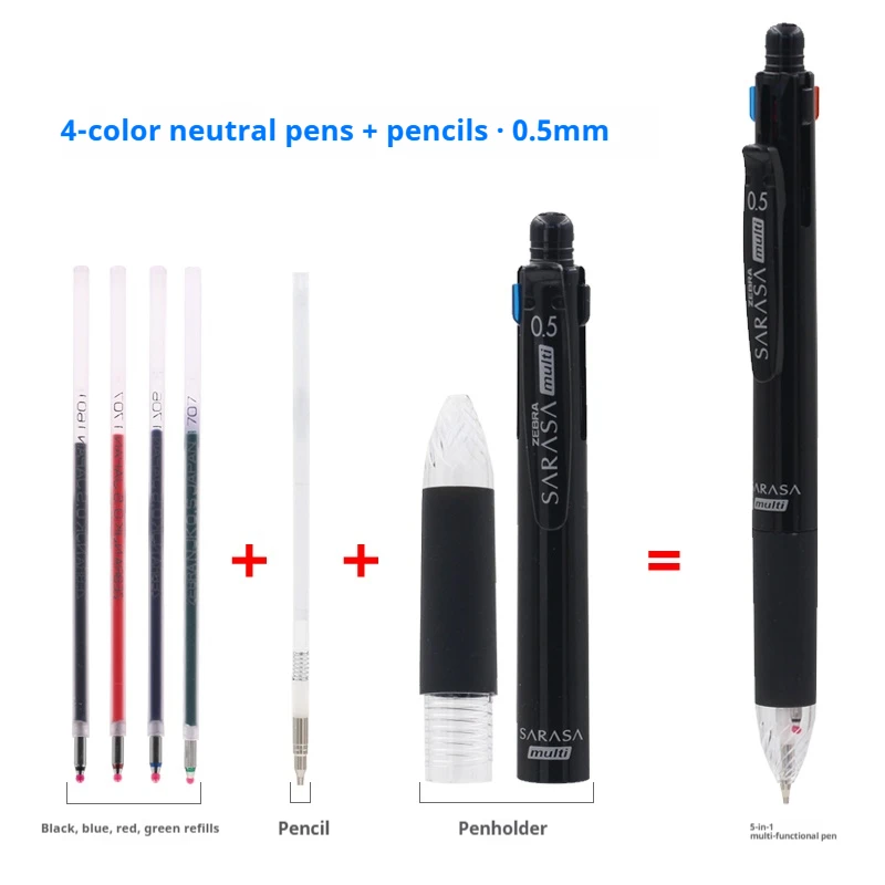 قلم ZEBRA 5in1 متعدد الوظائف، قلم J4SA11 ذاتي التبديل أحمر أزرق حبر أسود + قلم رصاص 0.5 مم كتابة سلسة للملاحظة ووضع علامات على الواجبات المنزلية