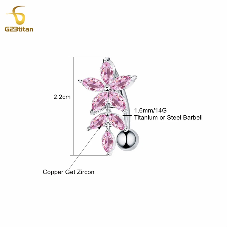 G23titan Pink Zircon Flower Umbigo Anel para Mulheres, Barbell Curvo de Titânio, Barra Nariz Reversa, Jóia do Corpo de Cristal, 6-16mm