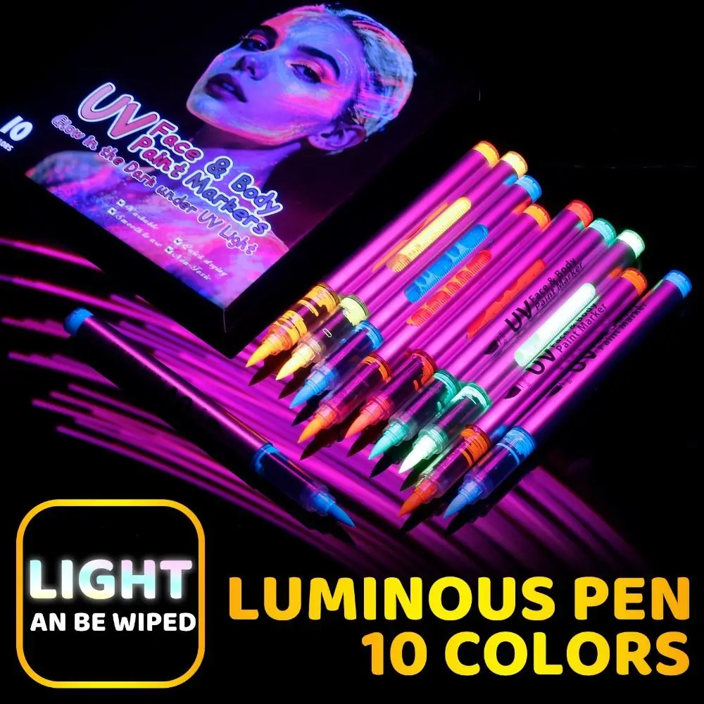 

Временные флуоресцентные маркеры для тела, 10 цветов, быстросохнущие, смываемые, безопасные, светящиеся, для макияжа и творчества