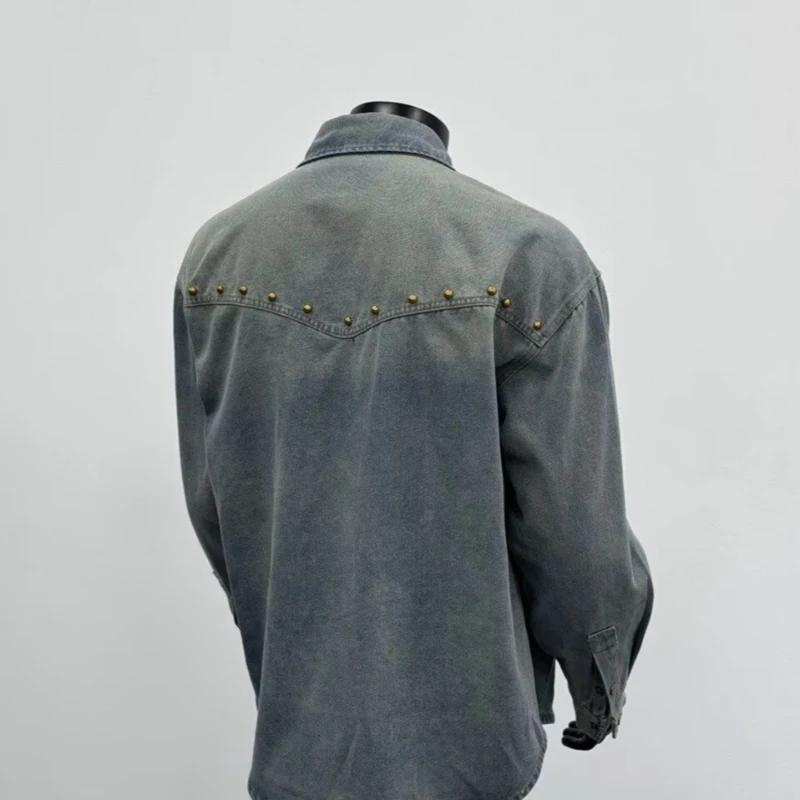 New Spring Autumn Washed Men's Denim Shirt Long Sleeve Japanese Vintage Workwear Loose Couple Gray Jacket