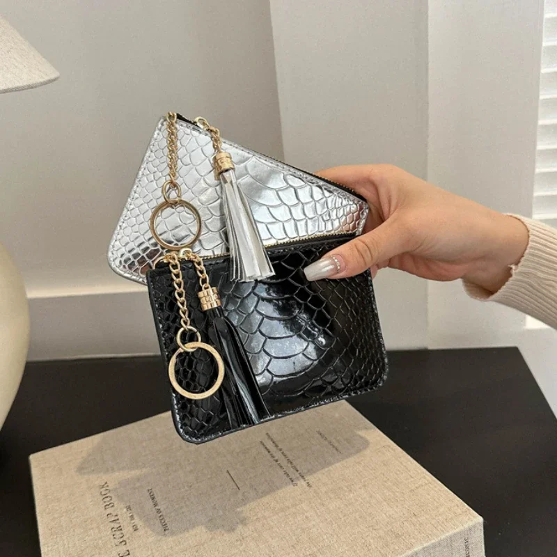 Mini porte-monnaie brillant imprimé crocodile pour femme, portefeuille en PU polyvalent, porte-cartes portable, sac d'identité, poudres à clés, mignon, nouvelle mode