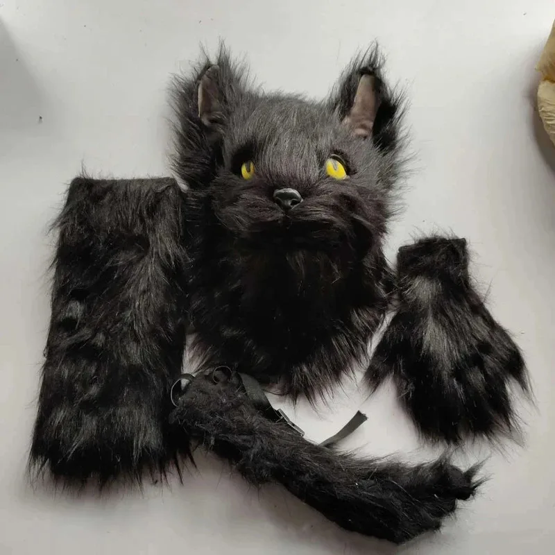 

25COSЛатексная маска для косплея черного кота с рукавами в виде лапы и хвоста, 4 шт., шлем ужасов, костюм животного, головной убор, маска для Хэллоуина для взрослых