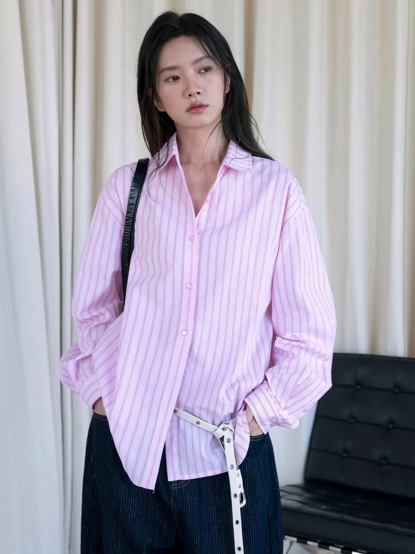 Autumn new fashionable niche design simple ribbon striped long sleeved shirt commuting loose top for women