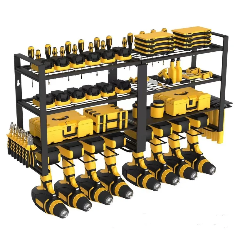 Wall Mounted Power Tool Rack, Electric Drill Holder Organizer, Garage Workshop Storage Rack for Tools with Hooks
