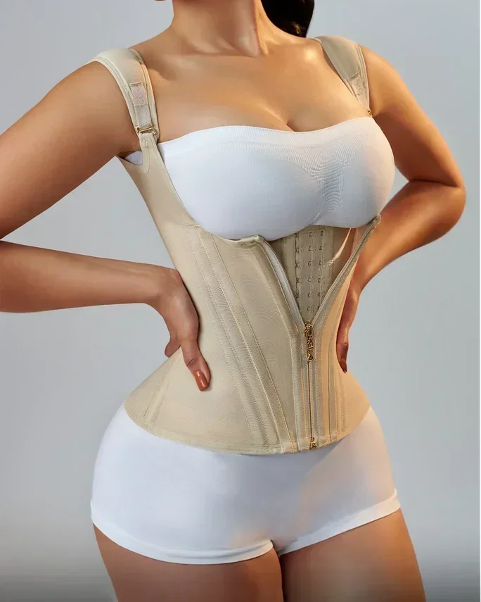 

High Stretch Mesh Waistband With Row Buckle and Zipper Postpartum Corset Waist Trainer Body Shaper Women Vest Sexy Shaping Curve