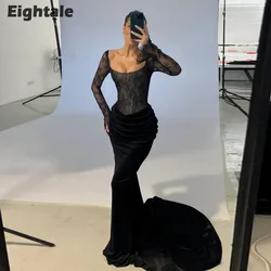 Eightale Velvet Evening Dress for Wedding Party Scoop Long Sleeves Pleats Mermaid Arabic Customized Prom Gowns Vestidos De Festa