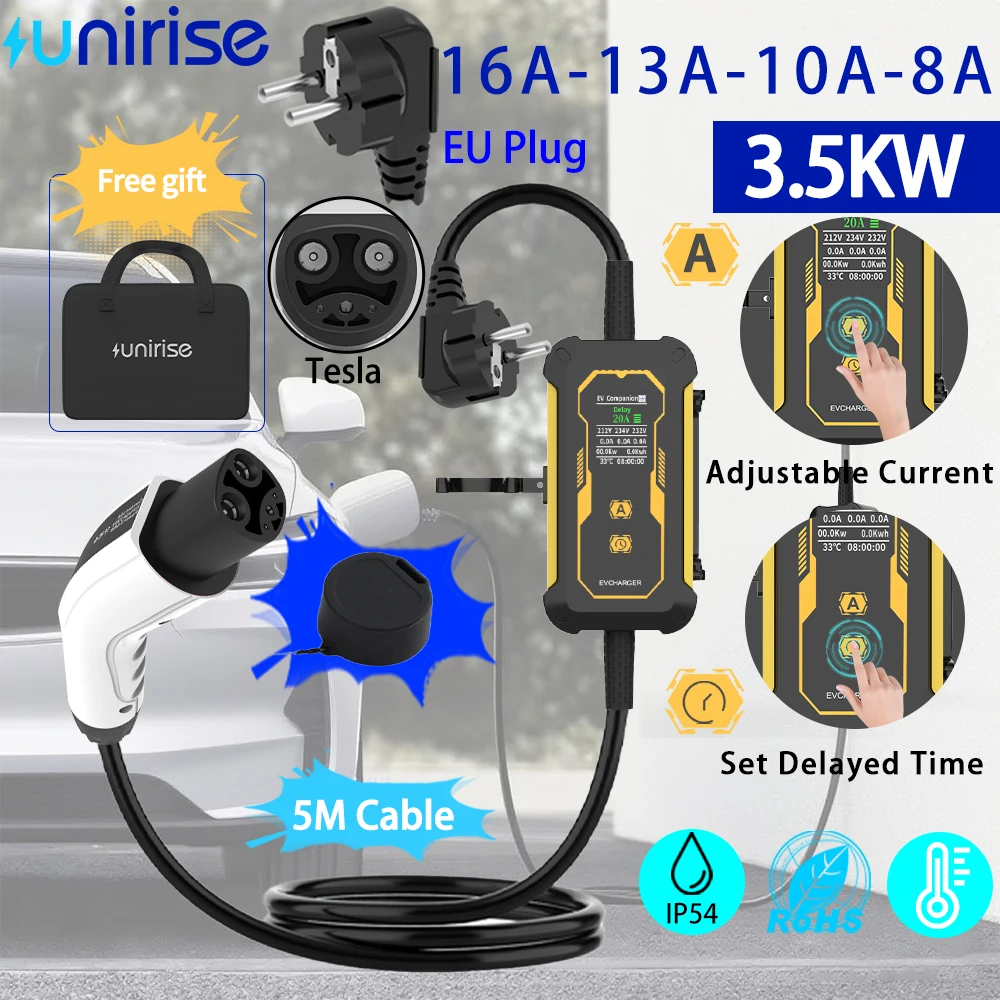 Портативное зарядное устройство Unirise 32A NACS EV для 3,5 кВт/7 кВт Tesla, автомобильное зарядное устройство с вилкой европейского стандарта, зарядное устройство для электромобиля Tesla Model Y/3/X/S