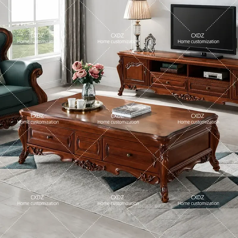 All Solid Wood Living Room Coffee Table American Rectangular Four Drawer Tea Table European Style 1.6m Villa P431