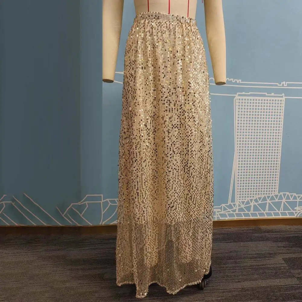 Elastic Waist Sequined Long Skirts Women Winter High Waist Black Faldas Korean Fashion Elegant Streetwear Shiny Pink Skirt