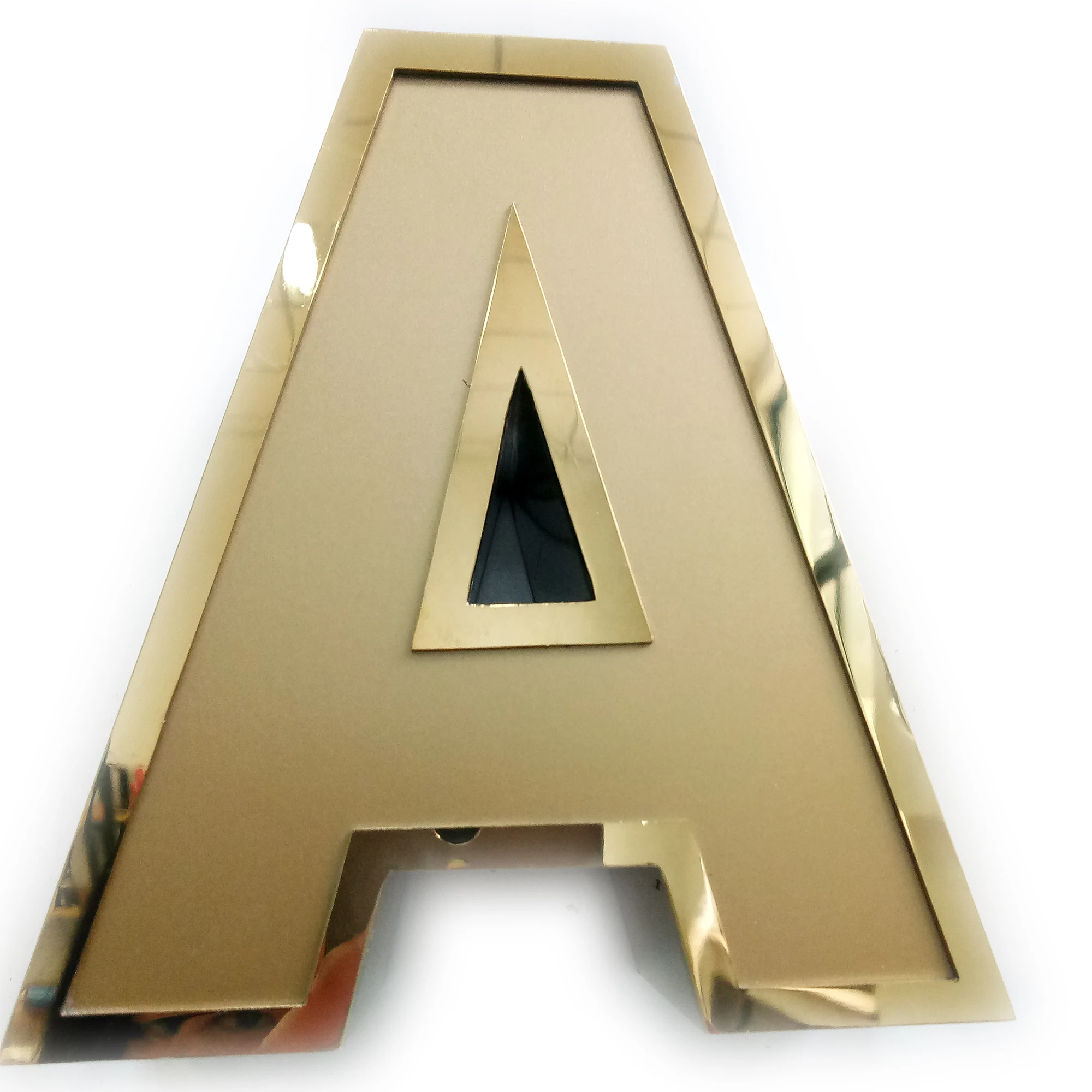 Custom business brand identity advertising front-lit stainless steel channel letters gold mirror metal sign store logo signage