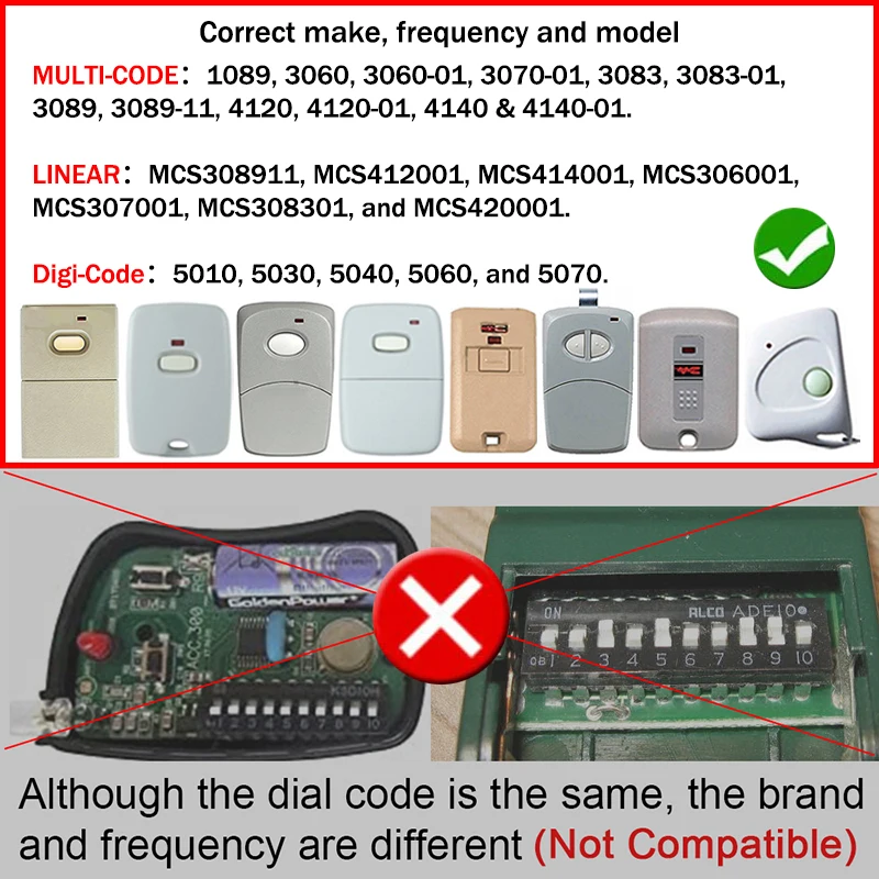 For Multi Code 3060 3089 308911 1089 3083 4120 Garage Door Gate Remote Control 300MHz 10 Dip Switch Linear MCS308911 MCS306001