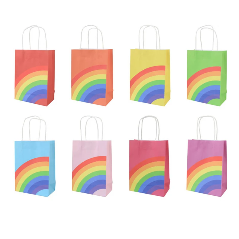 8/16pcs Kraft Paper Gift Bags Rainbow Wedding Favor Candy Box Cookie Packaging Handbag Christmas Birthday Wedding Party Supplies