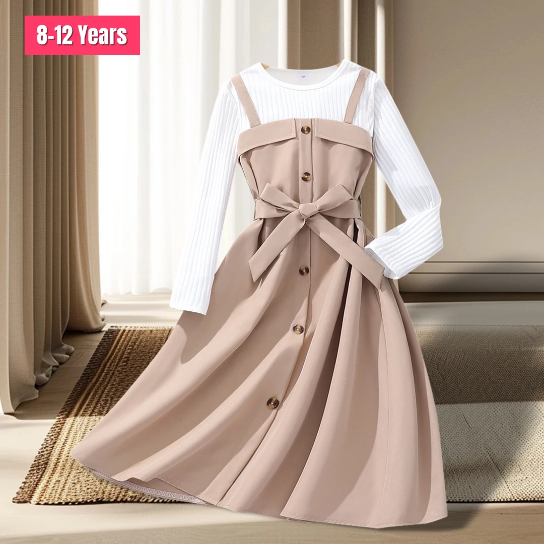 

New Dress for Teens Girls 8-12Yrs Autumn Winter Belt Button Khaki Children Dress Soft Sweet Warm Vintage Teens Girls Clothing