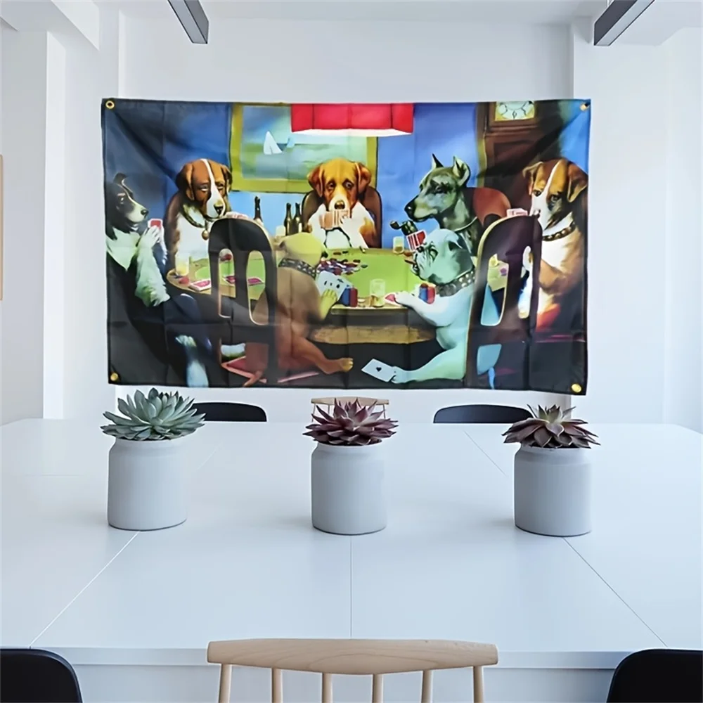 Dog playing poker - Fun poster - Durable men's cave wall flag - With brass eyelets - Suitable for university use