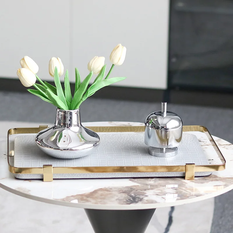 Modern light luxury Italian leather metal pallet decoration ornaments model house sales office living room table display display