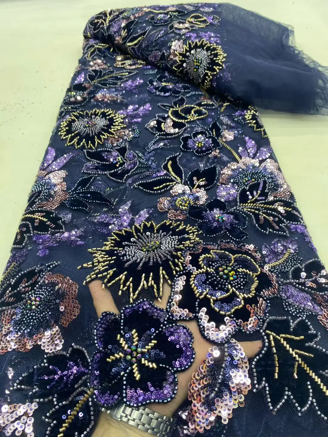 

African Nigerian Tulle Lace Fabric with Sequins Embroidery, Sewing Guipure, Velvet Prom Dresses, High Quality, 5Yards DP0456