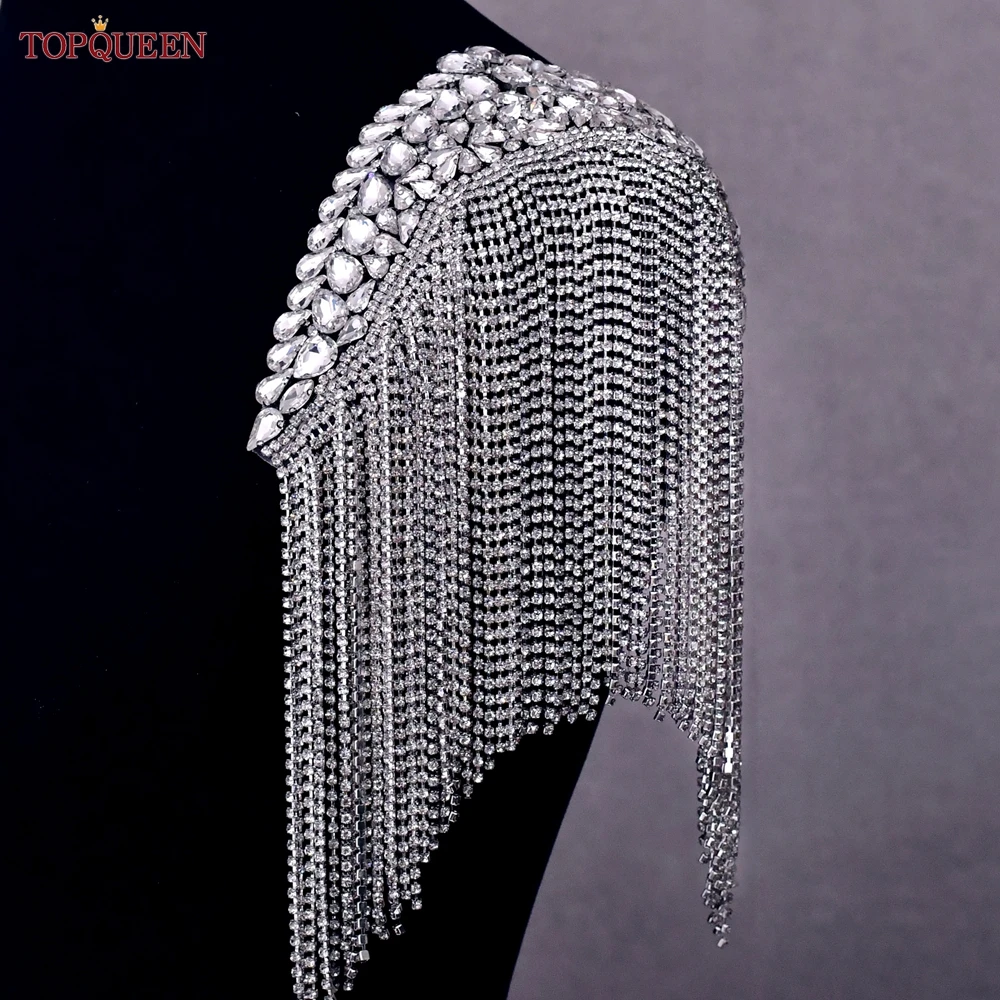 TOPQUEEN SP48 3D Rhinestones Beaded Tassels Patch Epaulettes Sew Clothes Dress Gown Bridal Wedding Shoulder Accessories Handmade