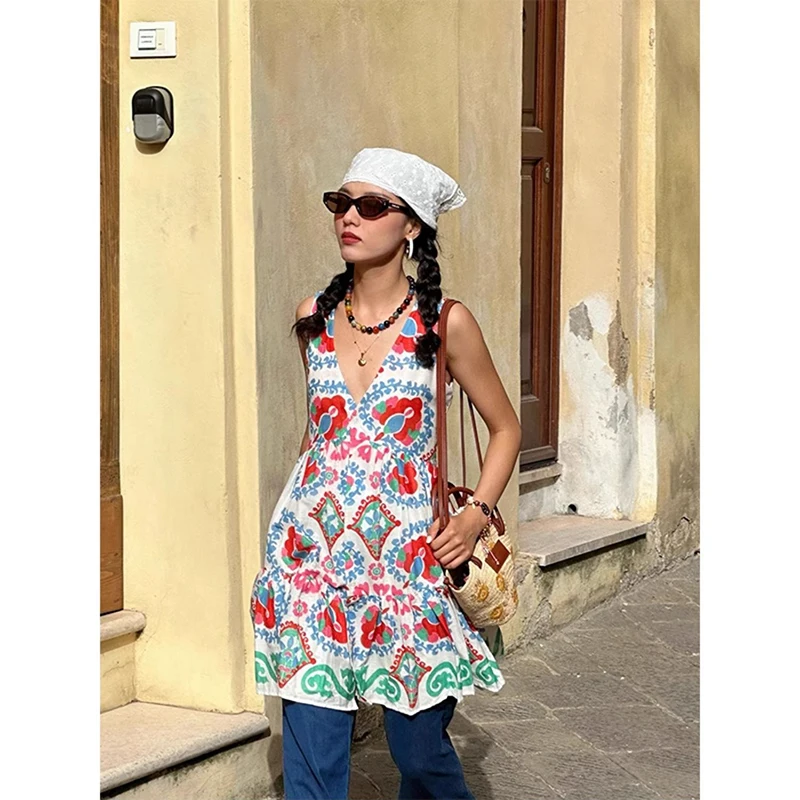 

Retro Bohemian Pattern Suspender Dress Woman New Slim v Neck a Line Sleeveless Mini Vest Dresses Summer Female Holiday Vestidos