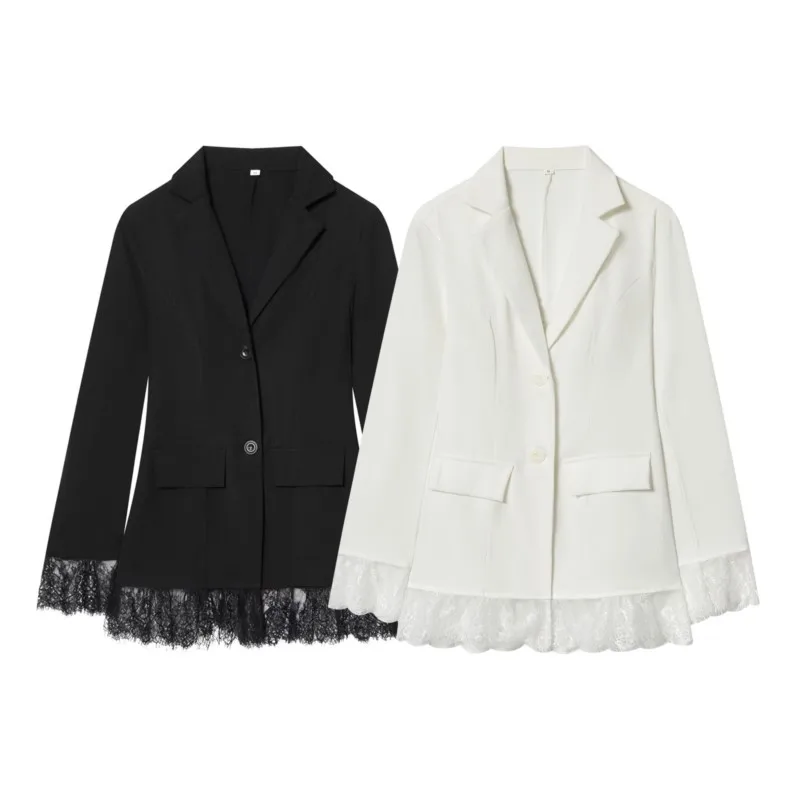 

Women Blazer with Lace Hem Spring Summer Office Lady Pocket Button Lapel Collar Long Sleeve Women's Slim Coats Female Chic Tops