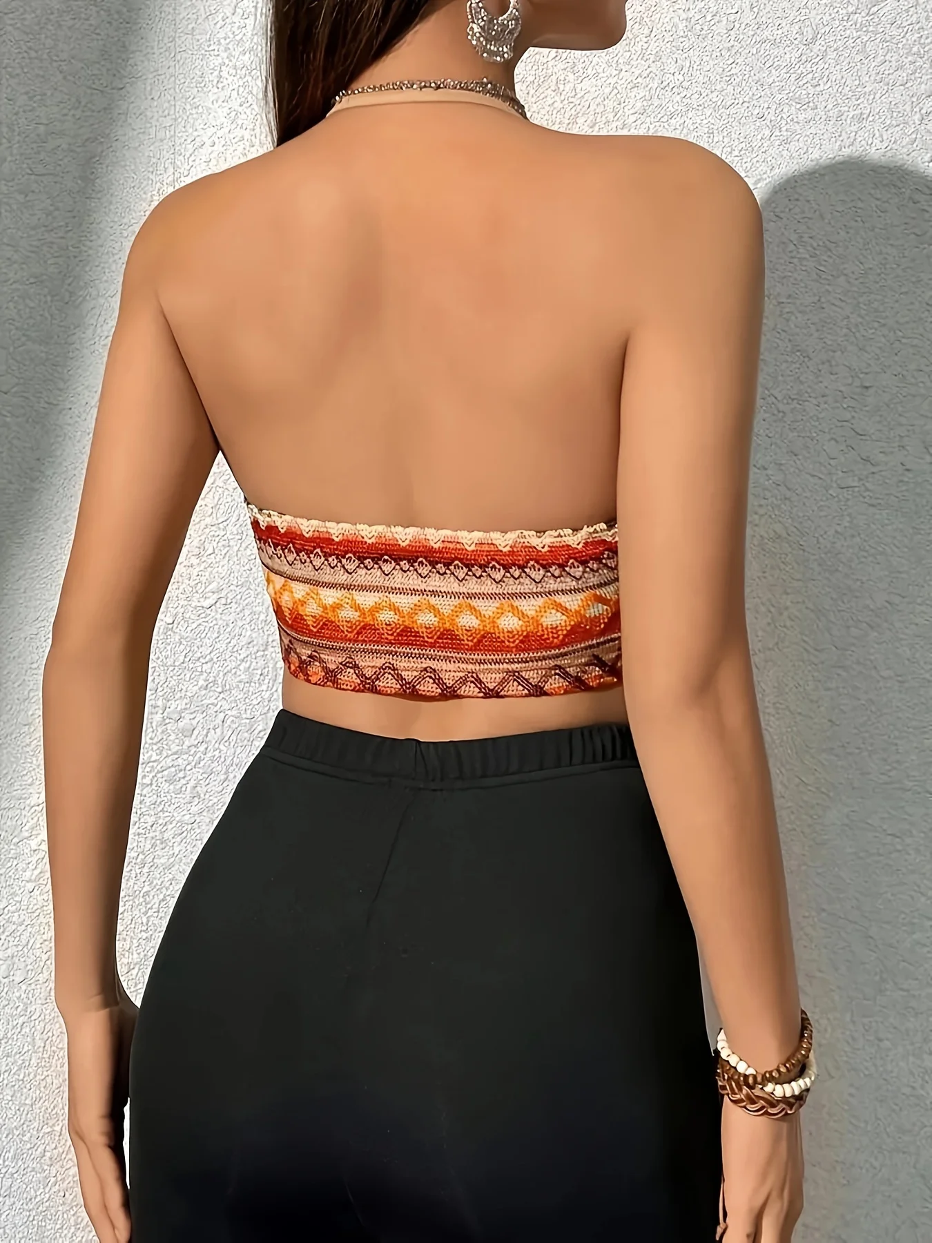 Boho Geometric Print Halter Crop Top Women Deep V Wrap Sleeveless Vintage Ethnic Summer Beach Cami Top