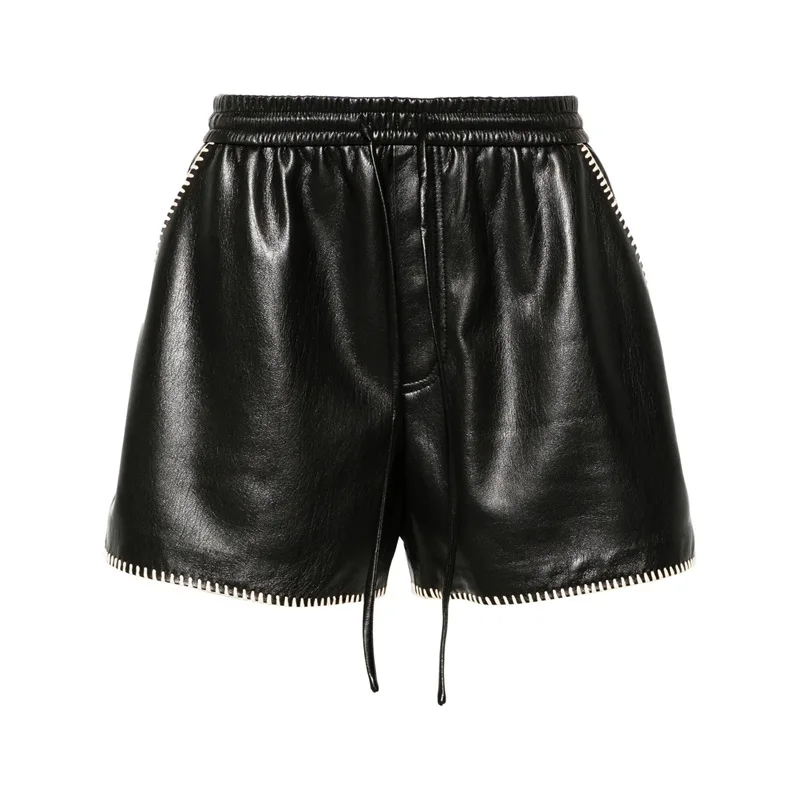 Women\'s Motorcycle N@N* Protein Leather Shorts 24ss New Tie Drawstring Bump Color Locked Side Stitching Leather Pants