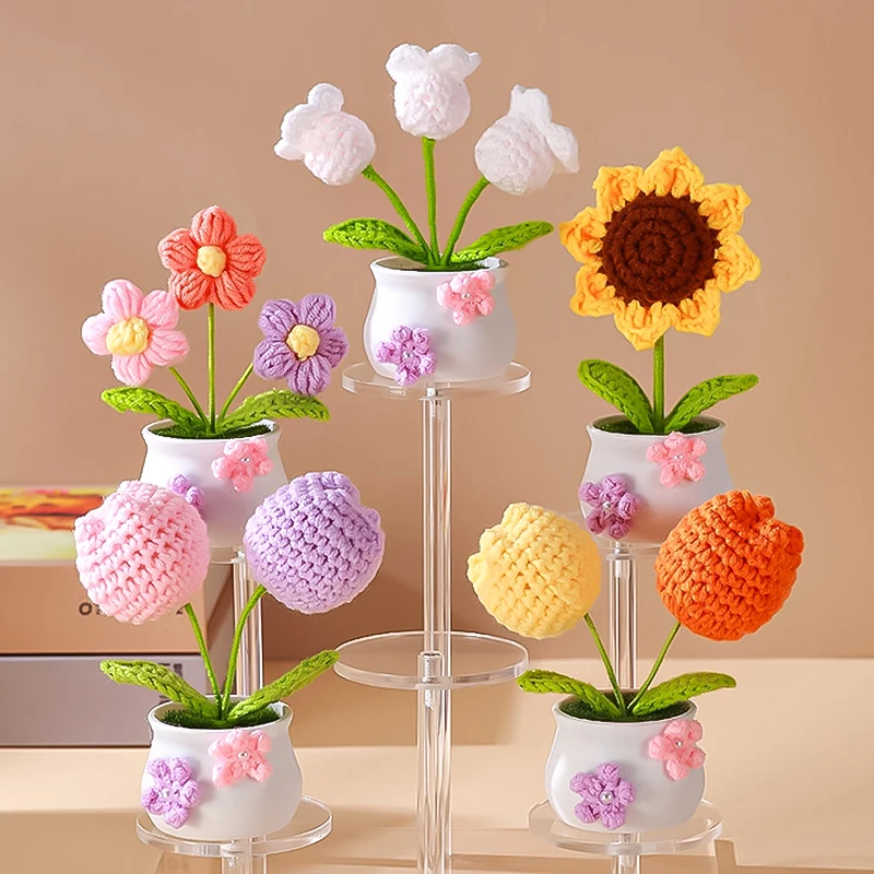 Mini Artificial Flower Knitted Sunflower Tuilp Flower Potted Finished Crochet Flower Pot Valentine's Day Gift Home Desktop Decor