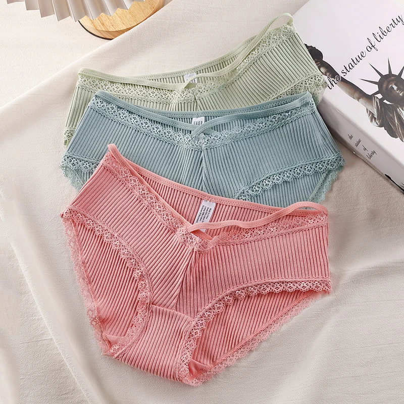 3Pcs Cotton Briefs Underwear For Women Solid Soft Underpants Ladies Low-Rise Panties With Lace Female Intimates BANNIROU