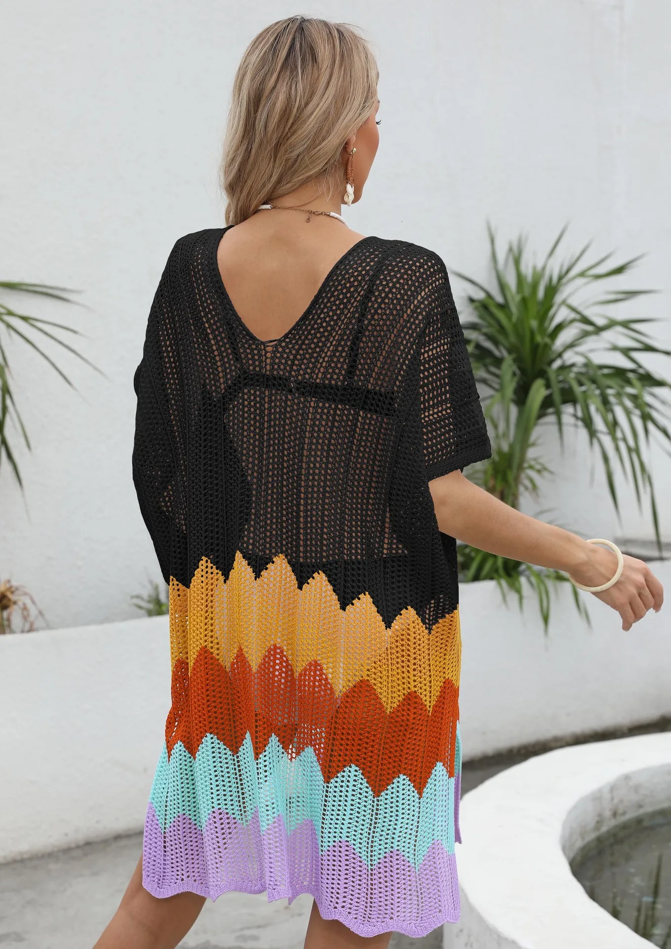 Robe de plage rayée pour femme, tunique au crochet noir, cover-up pour maillot de bain rose, vêtements d'extérieur d'été, tendance 2024