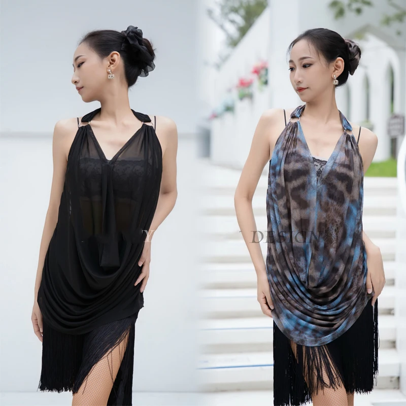 

Женская одежда для тренировок по латинским танцам, сексуальный сетчатый топ для латинских танцев, танцевальный костюм с завязками на шее, женский костюм для румбы и латинских танцев SL14375