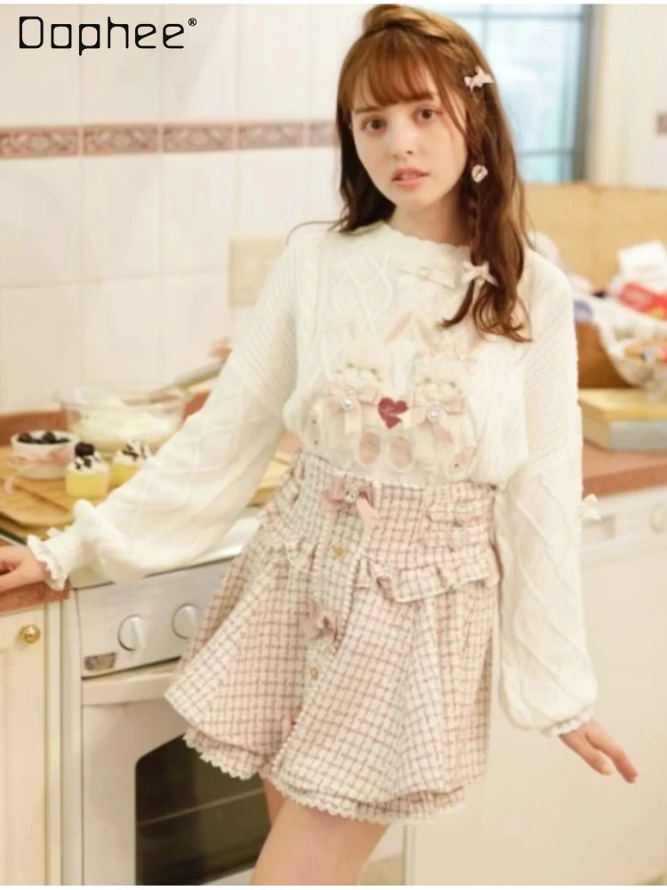 Japanese Style Lolita Sweet Knit Sweater Mujer 2023 Fall and Winter New Kawaii Mine Mass-Produced Twin Bunny Knitwear 4 Colors