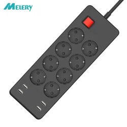 Melery Power Strip 8 Way AC Outlets EU Korea Electrical Plug Socket USB Charger Adapter Surge Protector 1.5m Extension Cord Home